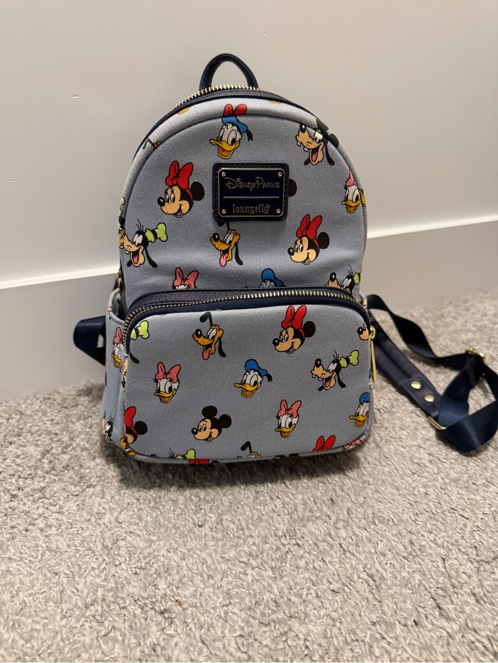 Loungefly Disney parks Mini Backpack denim with Classic Character Faces